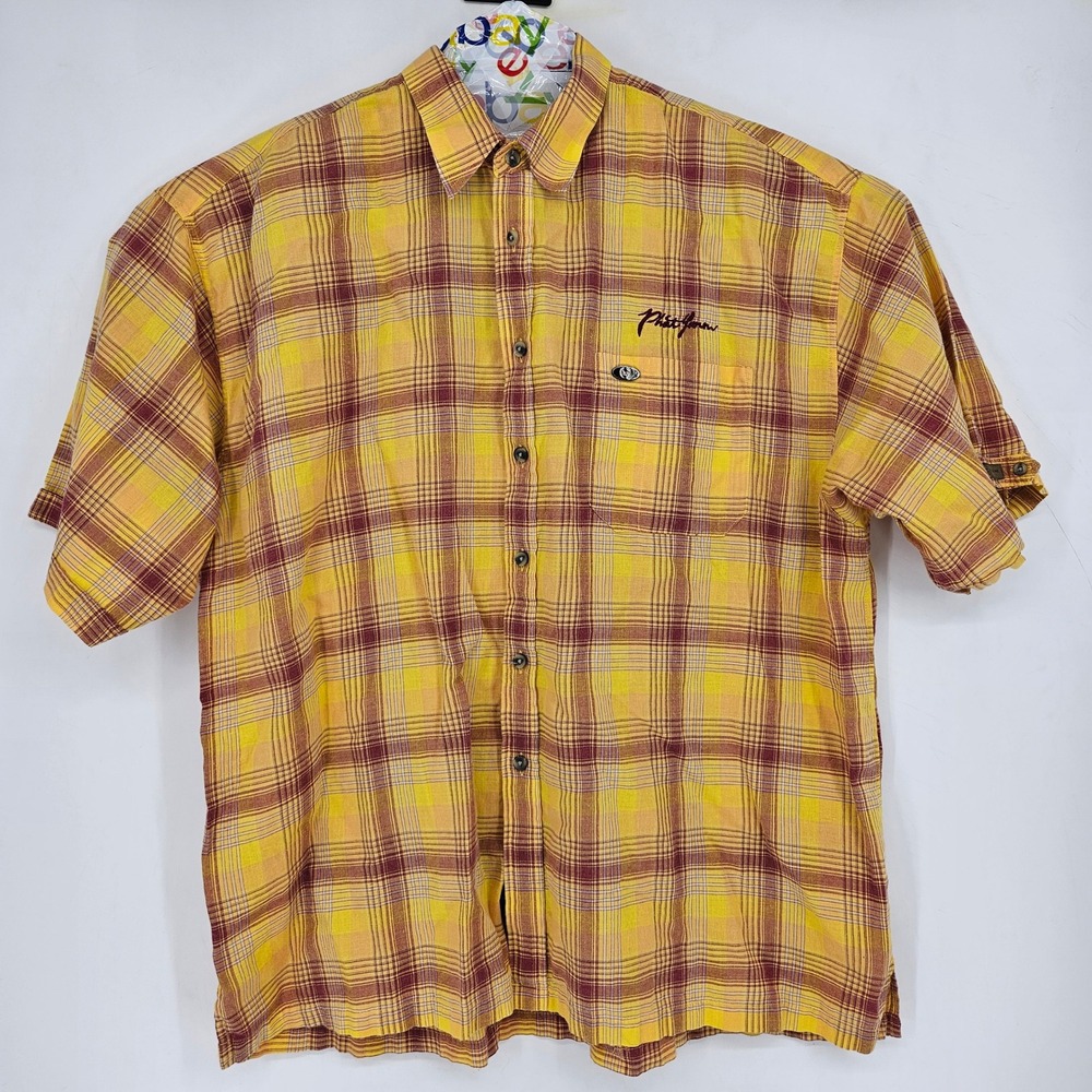 Vintage Phat Farm Shirt Mens XXXL Button Up Plaid Orange Maroon Short Sleeve